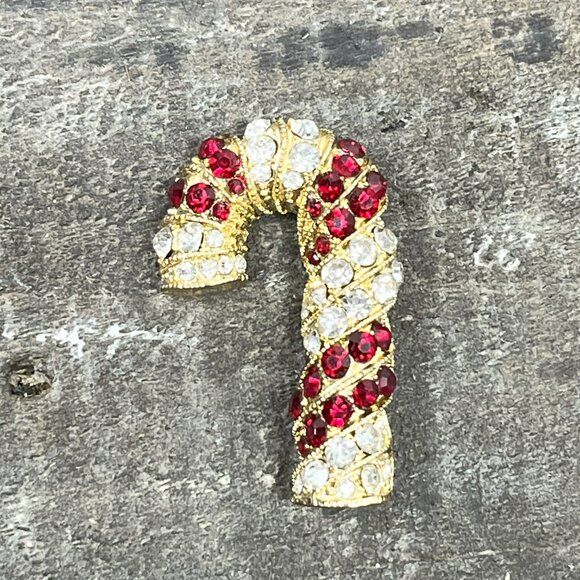 Vintage Signed Monet Sparkling Rhinestone Candy Cane Christmas Brooch Pin - Picture 9 of 10